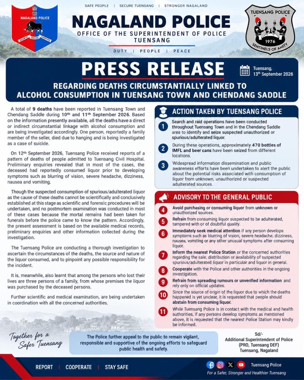 Update by Tuensang Police on suspected alcohol tragedy in Tuensang.